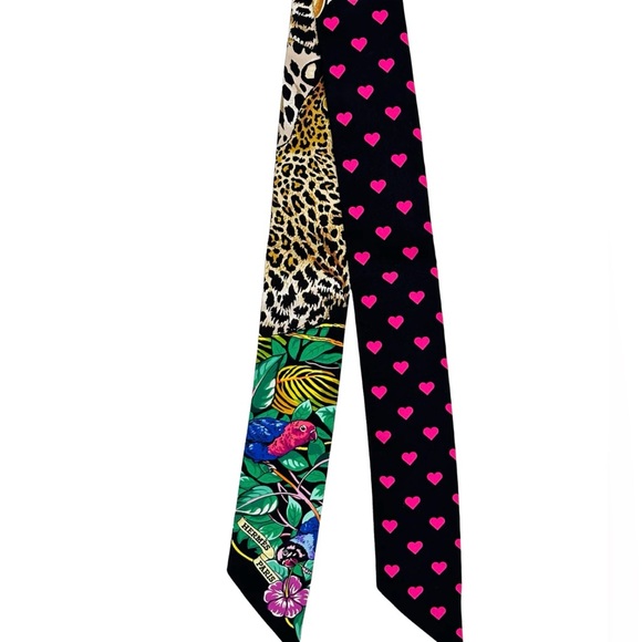 Hermès Silk Jungle Love Love Twilly Black Vert Rose Vif Authentic - Picture 5 of 5